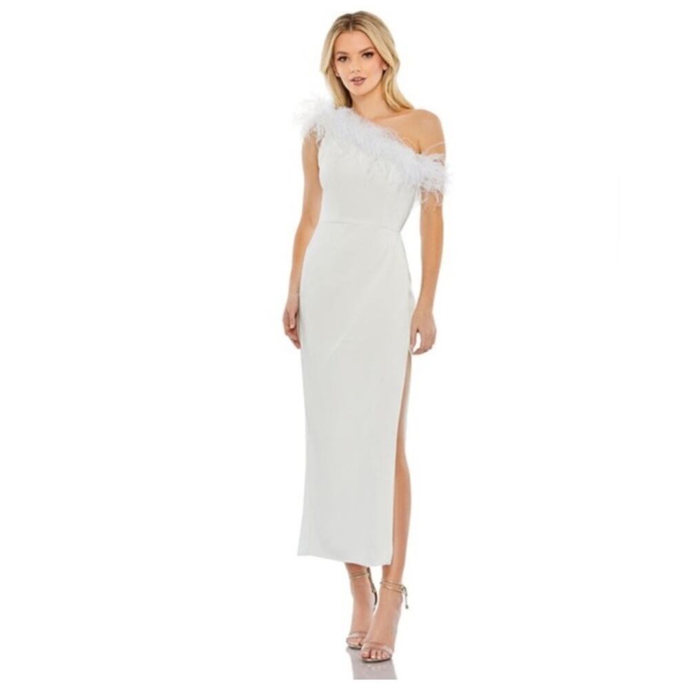 Mac Duggal 68147 White Feather Trim One Shoulder Dress Size 12